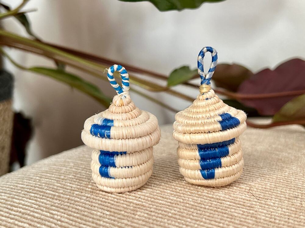 African Woven Baskets Pair Boho Hanging Jewelry Ring Box Tan Blue Rattan